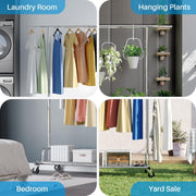 Heavy Duty Clothes Rail 238Kg (525Lbs) Capacity, Extendable Hanging Rack with Lockable Wheels & Shelves, Space Saving for Bedroom, Apartment, Laundry Room,Silver