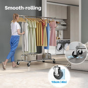 Heavy Duty Clothes Rail 238Kg (525Lbs) Capacity, Extendable Hanging Rack with Lockable Wheels & Shelves, Space Saving for Bedroom, Apartment, Laundry Room,Silver