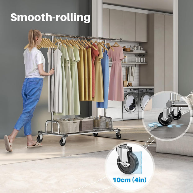 Heavy Duty Clothes Rail 238Kg (525Lbs) Capacity, Extendable Hanging Rack with Lockable Wheels & Shelves, Space Saving for Bedroom, Apartment, Laundry Room,Silver