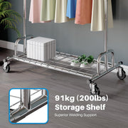 Heavy Duty Clothes Rail 238Kg (525Lbs) Capacity, Extendable Hanging Rack with Lockable Wheels & Shelves, Space Saving for Bedroom, Apartment, Laundry Room,Silver